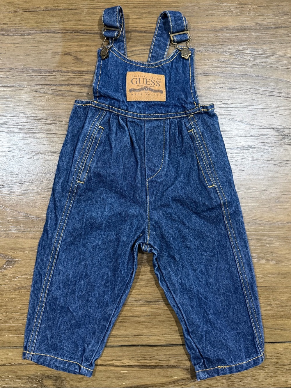 GUESS Vintage 90s Baby Denim Overall One-Piece 9-12M Blue Made USA 18398